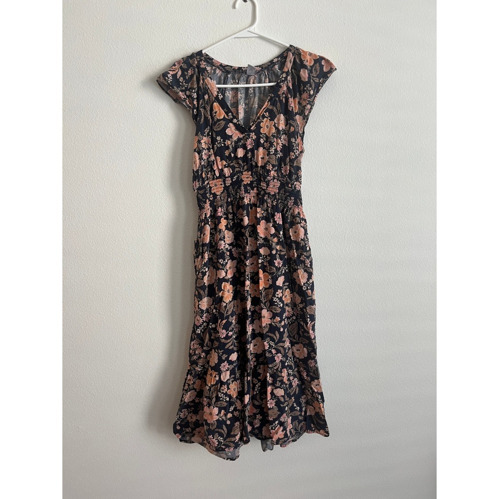 Old Navy Floral Smocked Waist Midi Dress Navy Blue Peach Cap Sleeve Small